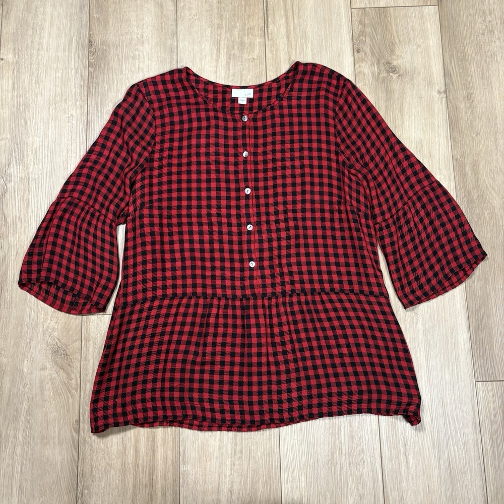 J. Jill Shirt Top Blouse Pullover Round Neck Womens L Red Black Gingham